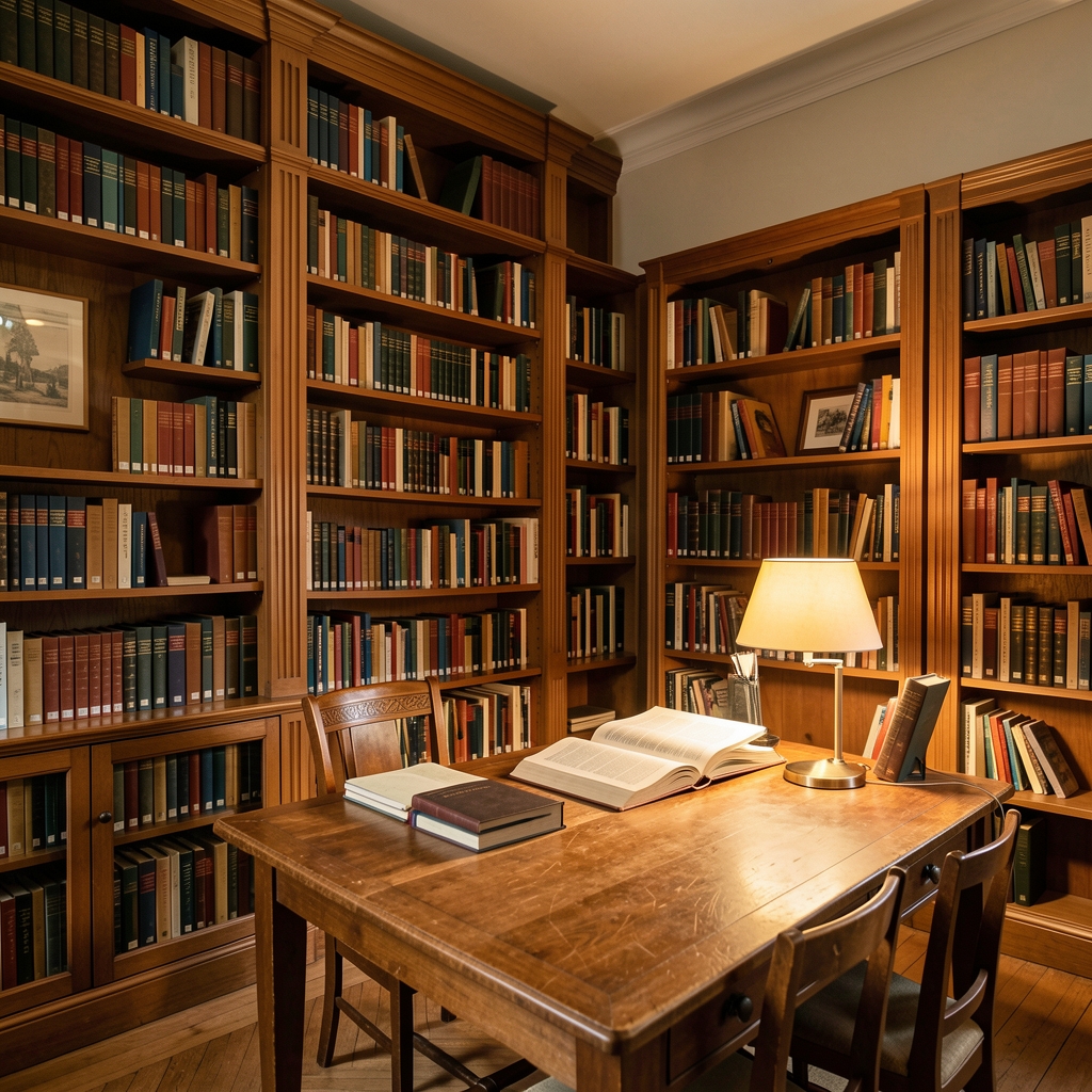 Quiet library interior with wooden shelving filled with books, a reading table with a lamp casting warm light, representing a research and knowledge environment