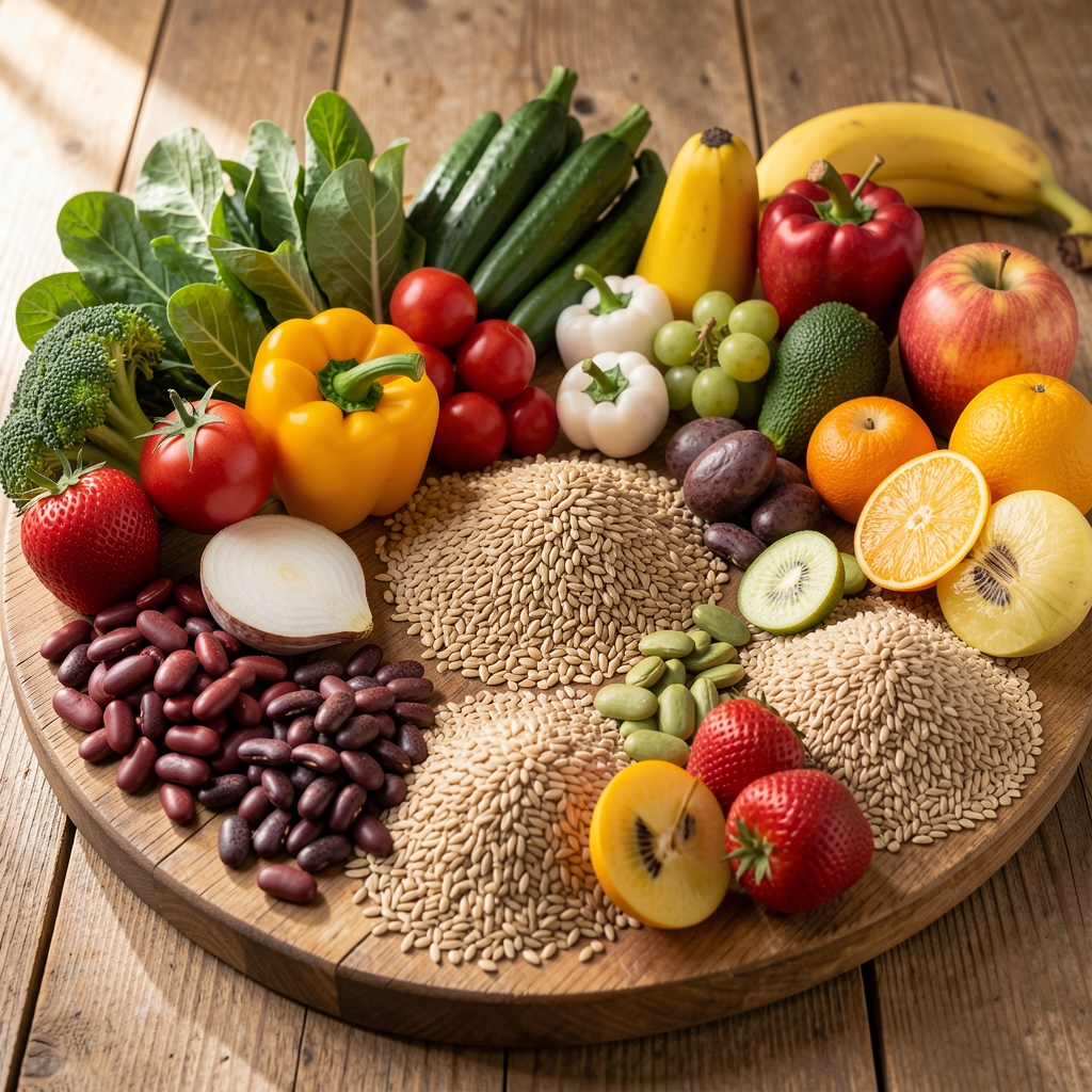 Colourful spread of whole foods including vegetables, legumes, grains and fruit arranged on a large wooden board in natural light