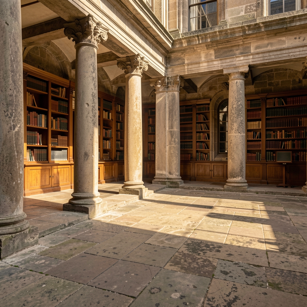 Ancient stone library courtyard with columns and afternoon sunlight casting long shadows across worn stone floors, quiet and scholarly atmosphere