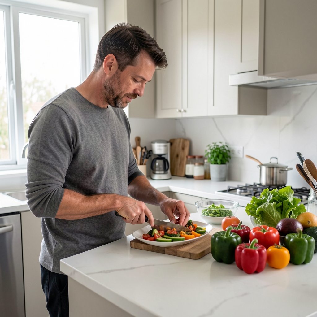 Man preparing a balanced meal in a modern kitchen with fresh produce on the counter, daytime natural light, calm domestic environment