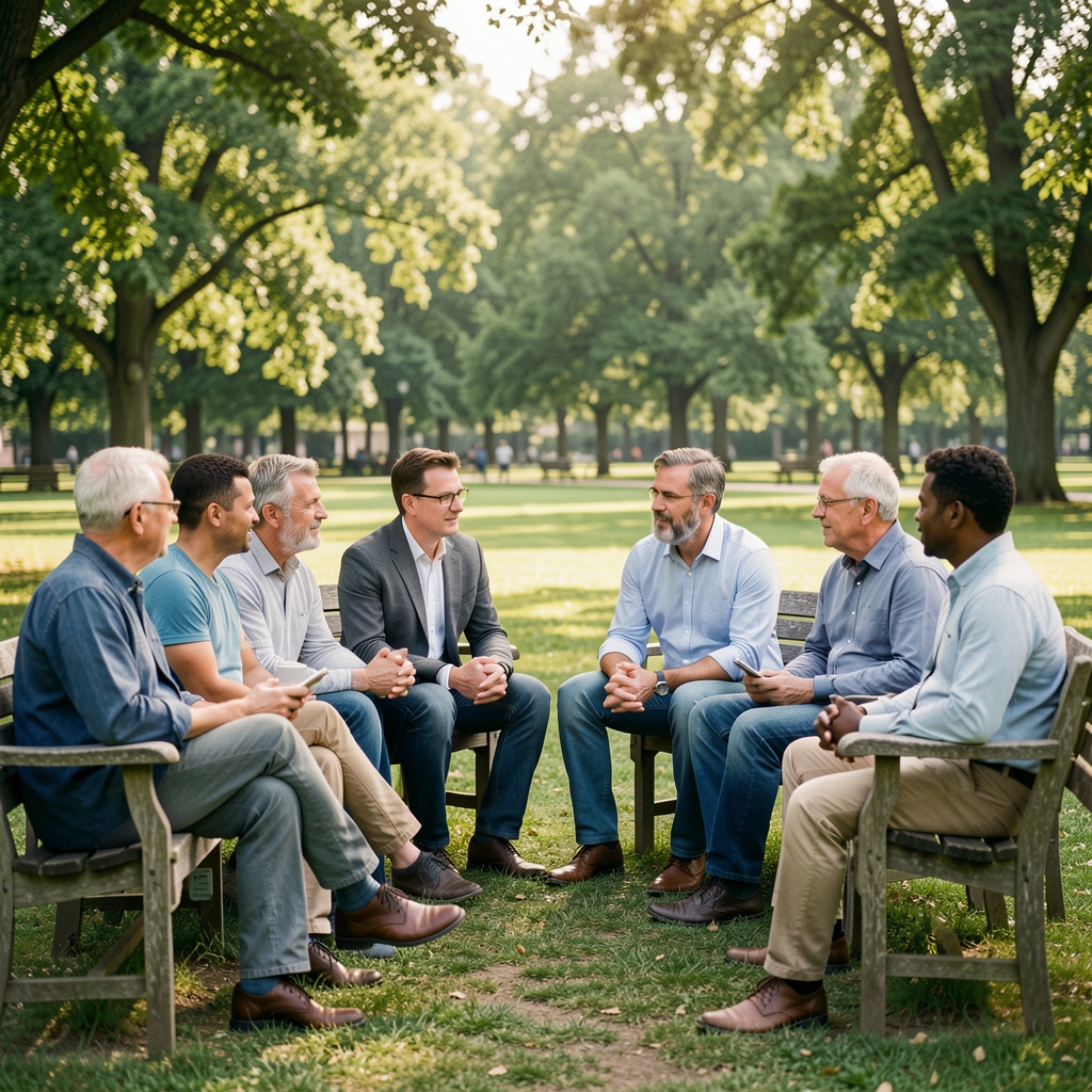 Diverse group of men of different ages engaged in a quiet outdoor discussion in a park setting, relaxed and collegial atmosphere