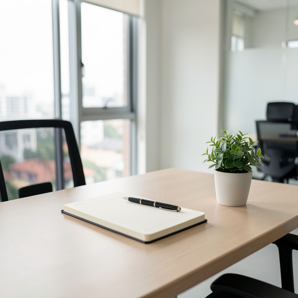 Clean minimal desk workspace with a notebook, pen and a small plant in a bright modern Jakarta office interior, natural light from a window