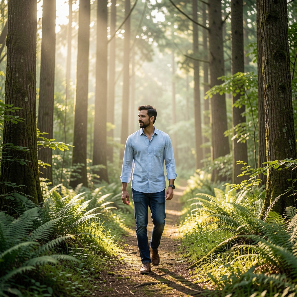 Man walking through a lush green forest path with soft morning light filtering through tall trees, representing calm and contemplative well-being