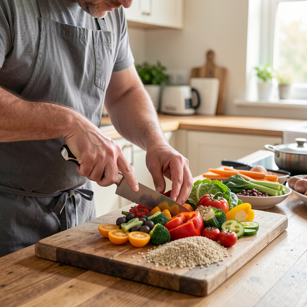 Close-up of a man preparing a colourful, balanced meal with fresh vegetables and grains on a wooden kitchen counter, natural daylight