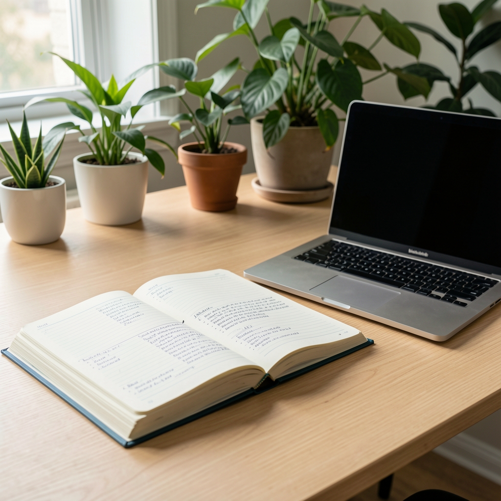 Open notebooks and a laptop on a clean wooden desk with indoor plants in the background, representing organised research and structured knowledge