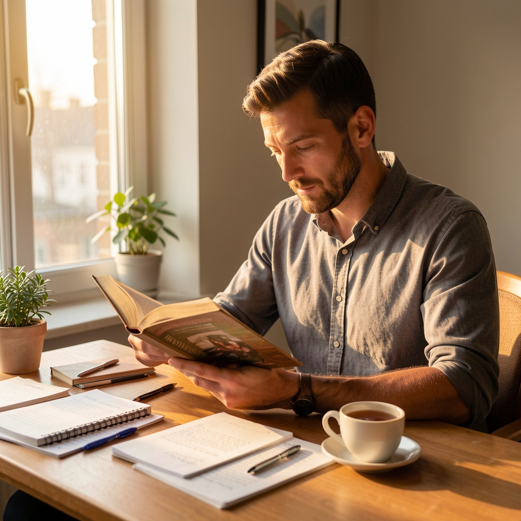 Man reading a book at a desk near a window with warm afternoon light, surrounded by notes and a cup of tea, calm study environment